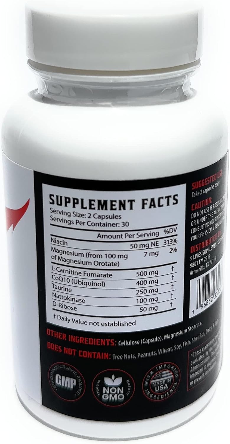 Lions Heart Daily Supplement with CoQ10, Magnesium, L-Carnitine, Taurine, Nattokinase, and Niacin for Nine Lives