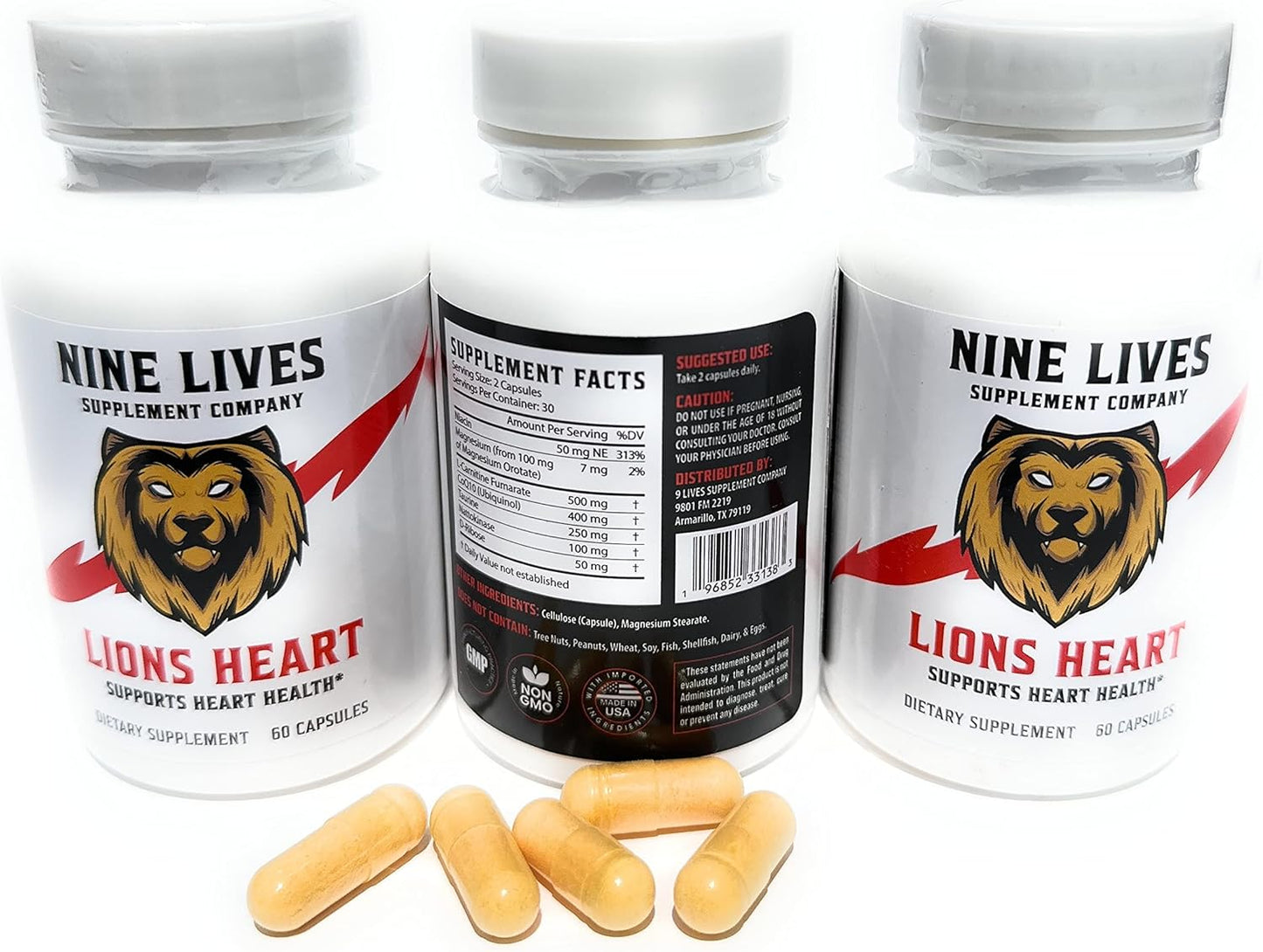 Lions Heart Daily Supplement with CoQ10, Magnesium, L-Carnitine, Taurine, Nattokinase, and Niacin for Nine Lives