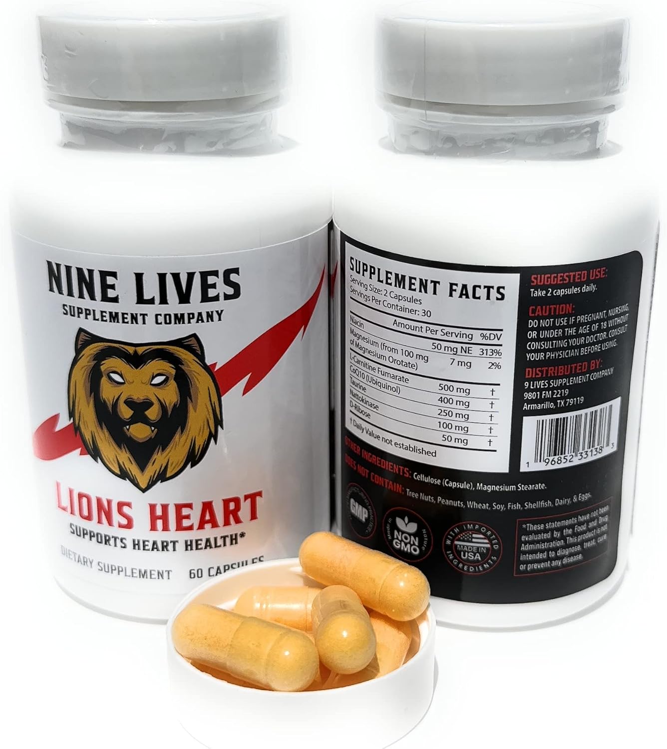 Lions Heart Daily Supplement with CoQ10, Magnesium, L-Carnitine, Taurine, Nattokinase, and Niacin for Nine Lives