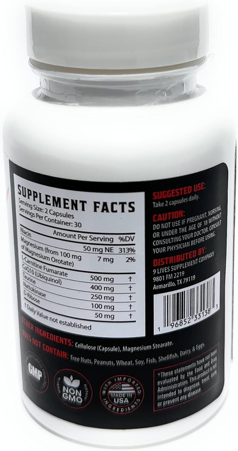 Lions Heart Daily Supplement with CoQ10, Magnesium, L-Carnitine, Taurine, Nattokinase, and Niacin for Nine Lives