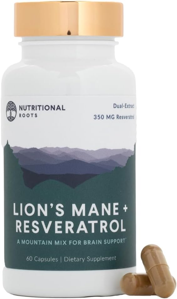 Lions Mane and Resveratrol Brain Health Supplement, 800mg Extract, Plant-Based Trans Resveratrol, 60ct.