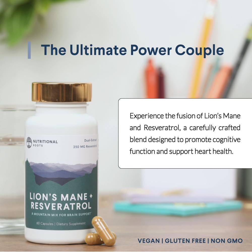 Lions Mane and Resveratrol Brain Health Supplement, 800mg Extract, Plant-Based Trans Resveratrol, 60ct.