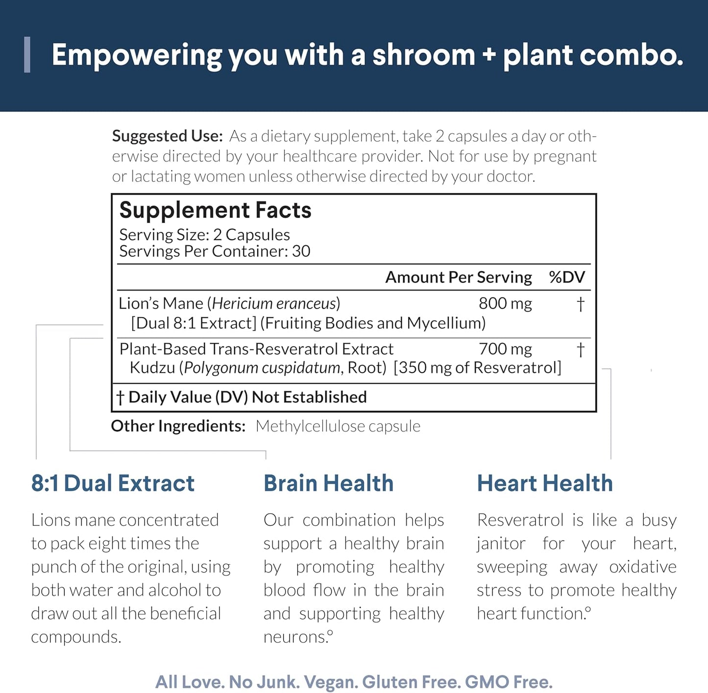 Lions Mane and Resveratrol Brain Health Supplement, 800mg Extract, Plant-Based Trans Resveratrol, 60ct.