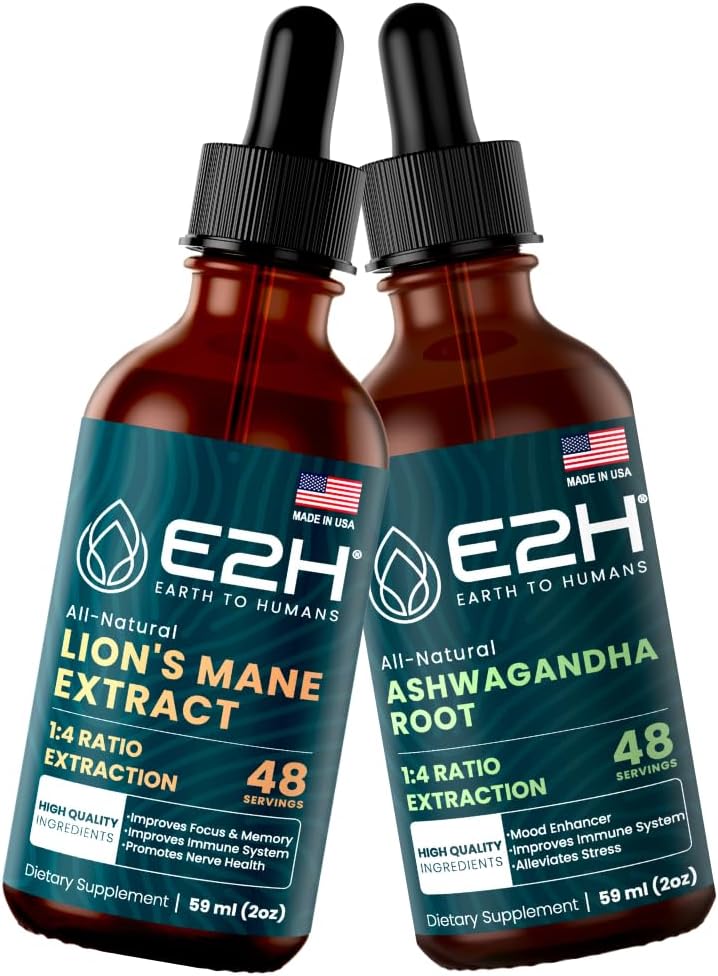 Lions Mane & Ashwagandha Focus Memory Clarity Stress Relief Bundle - Non-GMO Vegan 4 Fl Oz Total