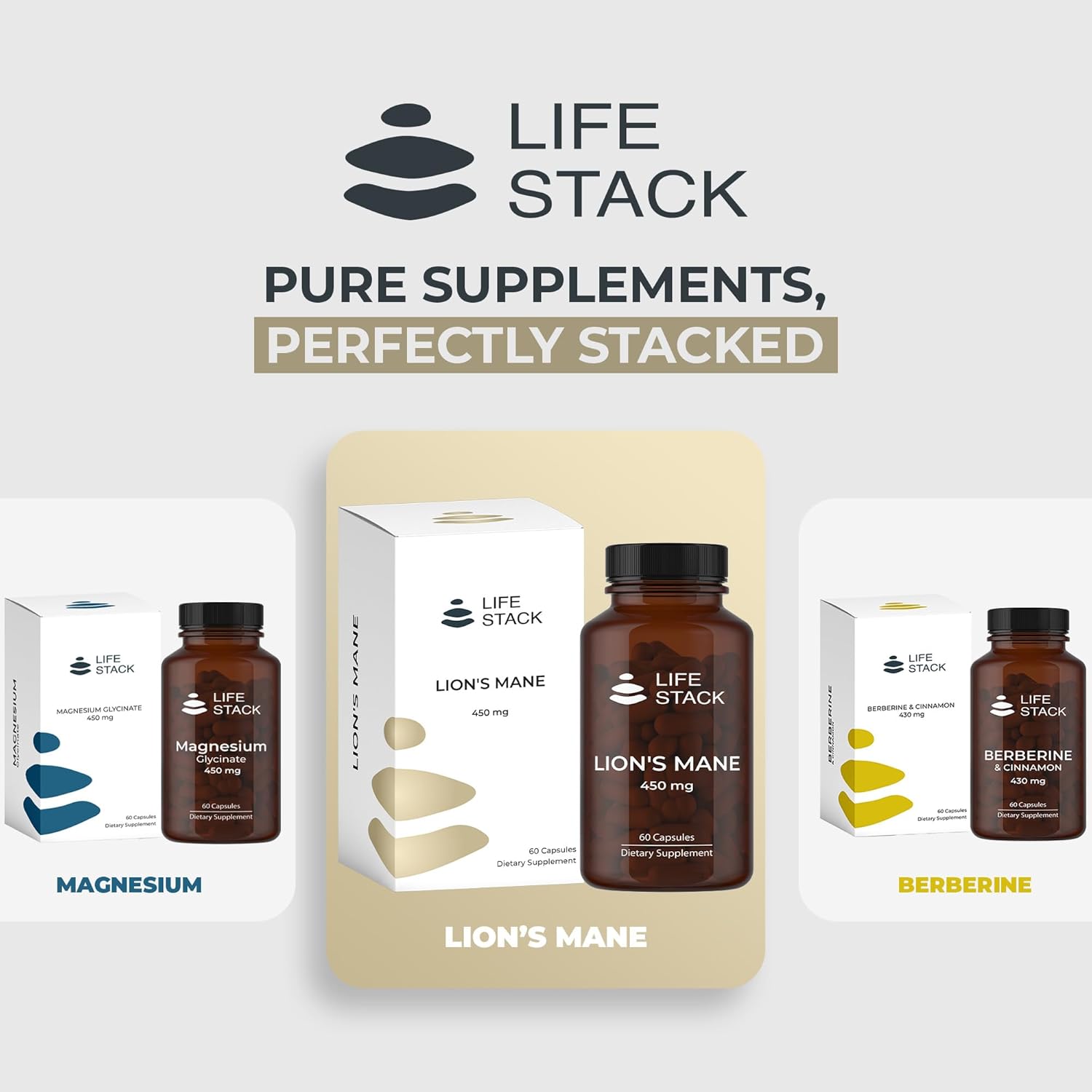 Lion's Mane Cognition & Focus Support Supplement | Life Stack 450mg | Non-GMO, Gluten-Free | 60 Capsules