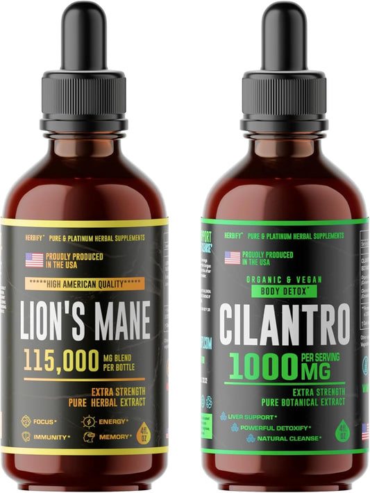 Lions Mane Drops & Cilantro Tincture Bundle - Boost Brain Function & Detoxify Body
