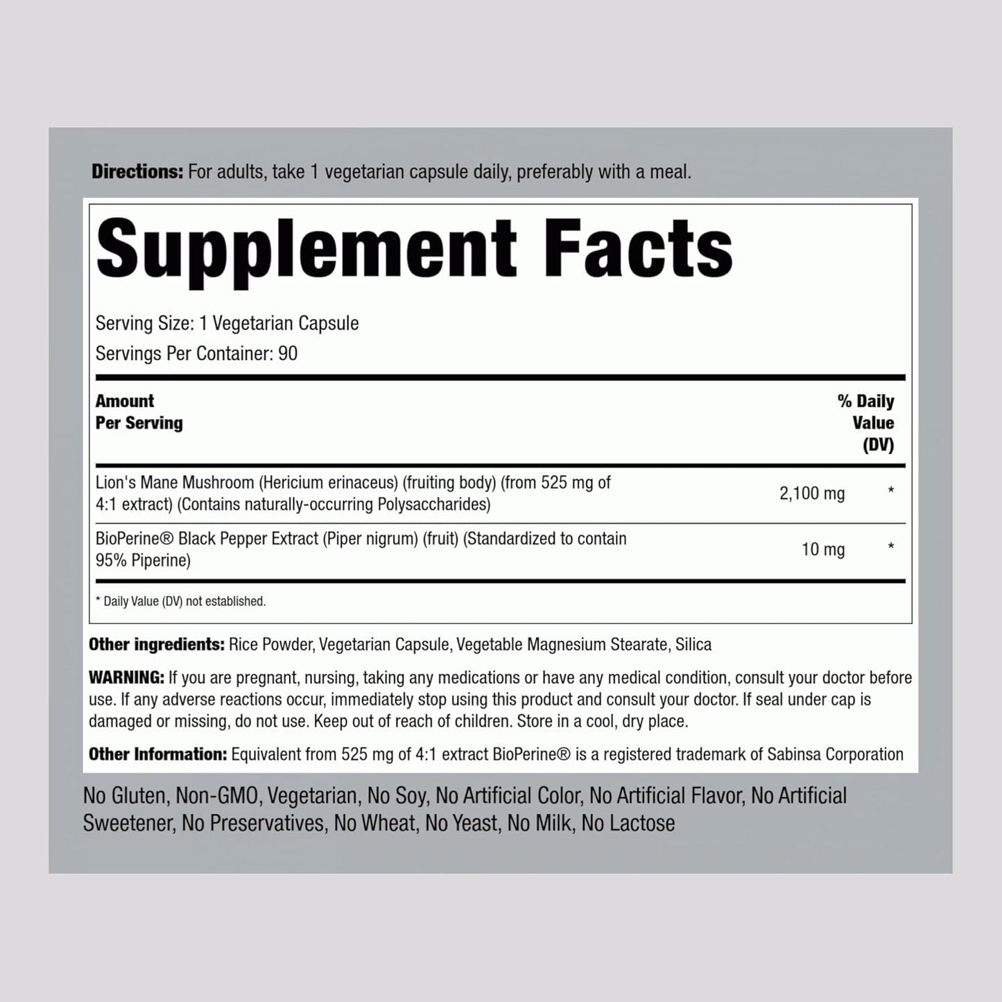 Lions Mane Mushroom Capsules 2100mg - 90 Count, Fruiting Body Extract with Black Pepper for Enhanced Absorption - Vegetarian & Non-GMO