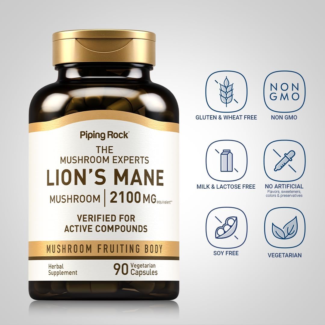 Lions Mane Mushroom Capsules 2100mg - 90 Count, Fruiting Body Extract with Black Pepper for Enhanced Absorption - Vegetarian & Non-GMO