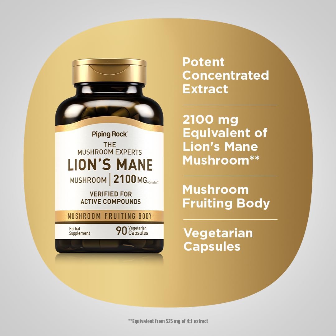 Lions Mane Mushroom Capsules 2100mg - 90 Count, Fruiting Body Extract with Black Pepper for Enhanced Absorption - Vegetarian & Non-GMO