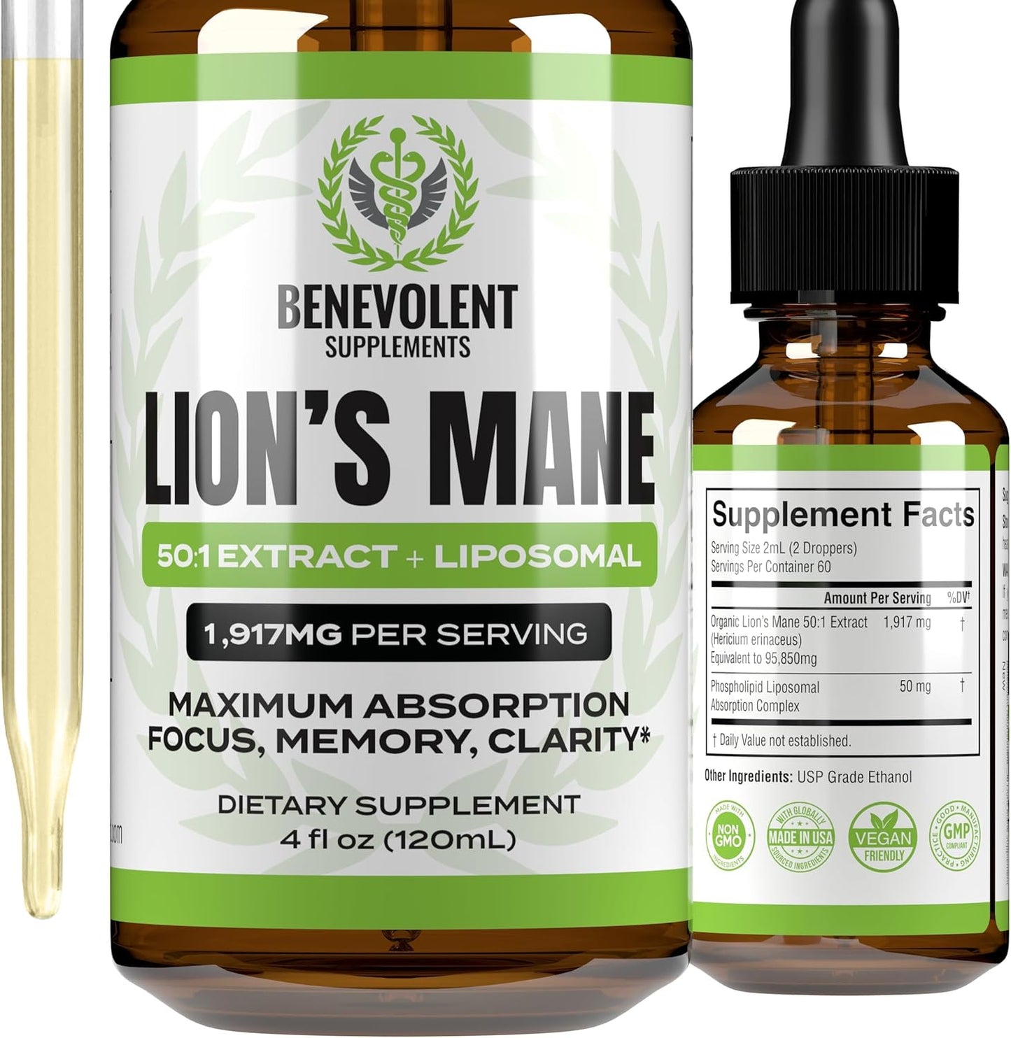 Lion's Mane Mushroom Liquid Extract Supplement for Focus, Memory, and Clarity - Phospholipid Liposomal Drops - 4 Fl. Oz - USA-made