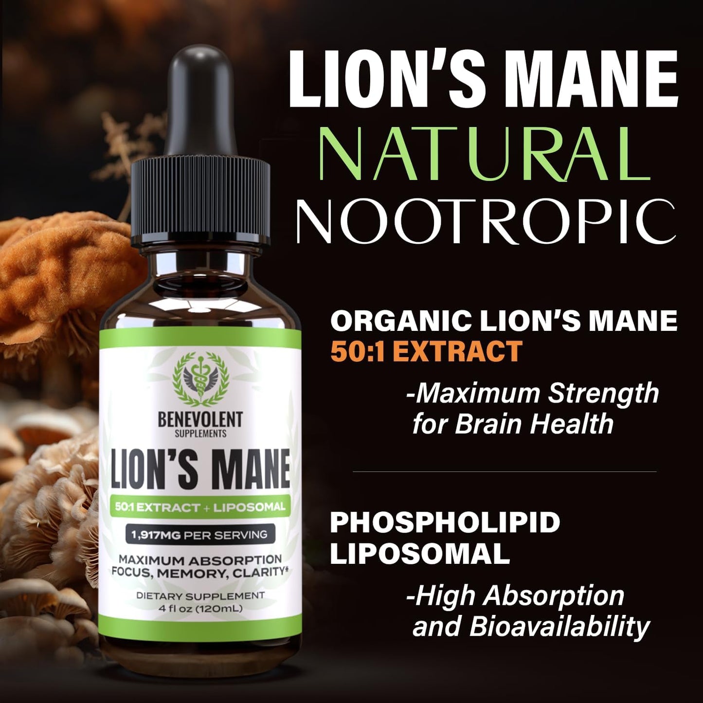 Lion's Mane Mushroom Liquid Extract Supplement for Focus, Memory, and Clarity - Phospholipid Liposomal Drops - 4 Fl. Oz - USA-made