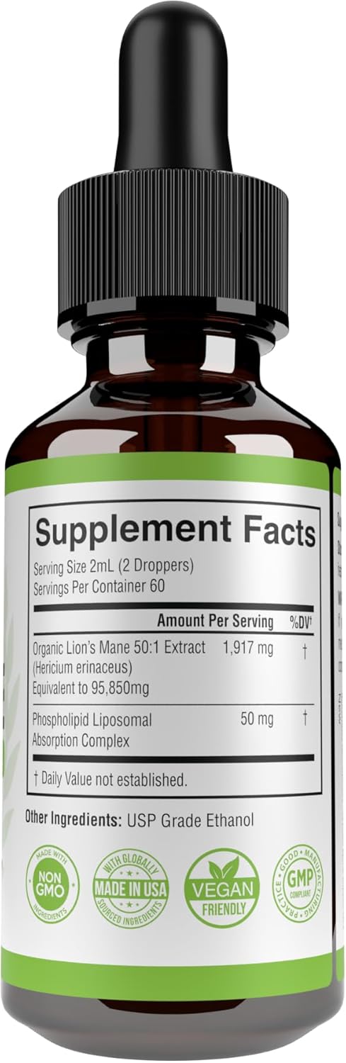 Lion's Mane Mushroom Liquid Extract Supplement for Focus, Memory, and Clarity - Phospholipid Liposomal Drops - 4 Fl. Oz - USA-made