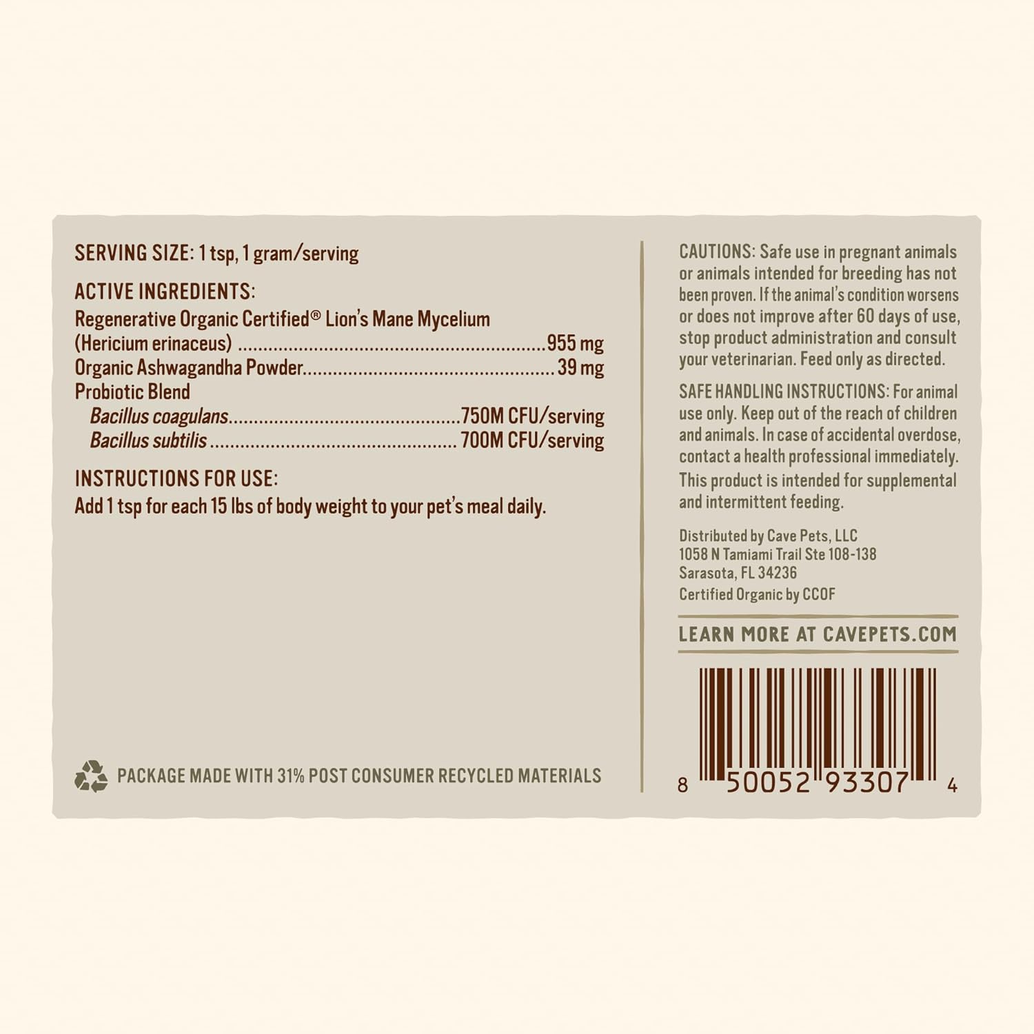 Lion's Mane Mushroom Mycelium Powder with Dog Probiotics for Brain and Digestive Health, 90 Servings