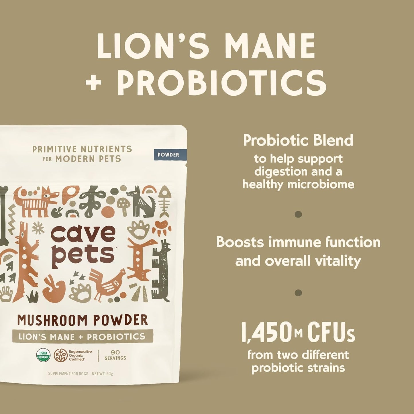 Lion's Mane Mushroom Mycelium Powder with Dog Probiotics for Brain and Digestive Health, 90 Servings