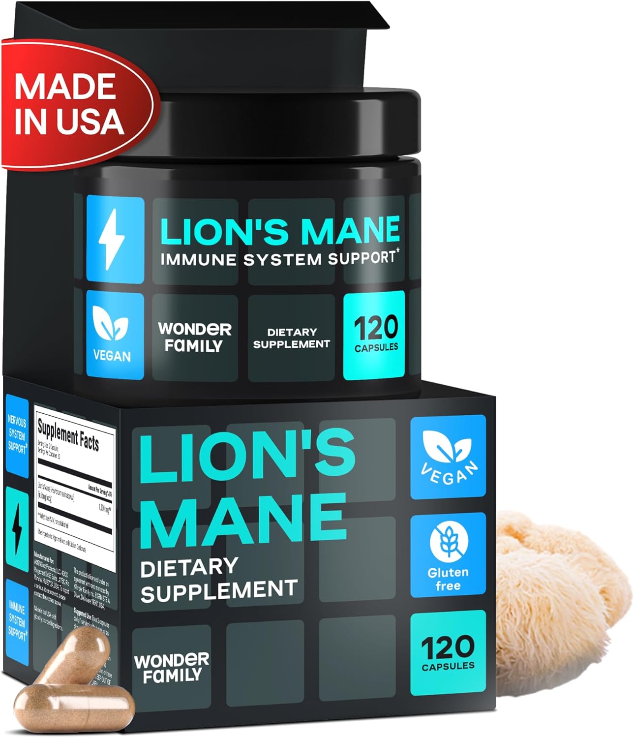 Lions Mane Mushroom Supplement Capsules 1000MG - Memory, Energy, Focus - Lion Mane Mushroom Extract - 120 Capsules