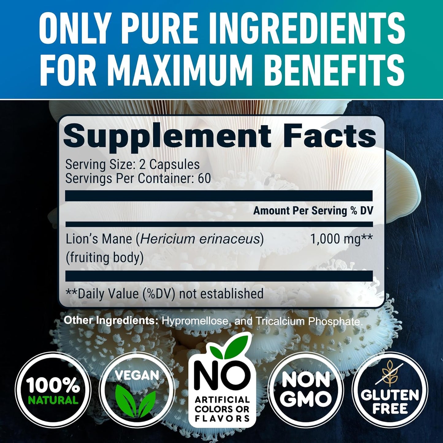 Lions Mane Mushroom Supplement Capsules 1000MG - Memory, Energy, Focus - Lion Mane Mushroom Extract - 120 Capsules