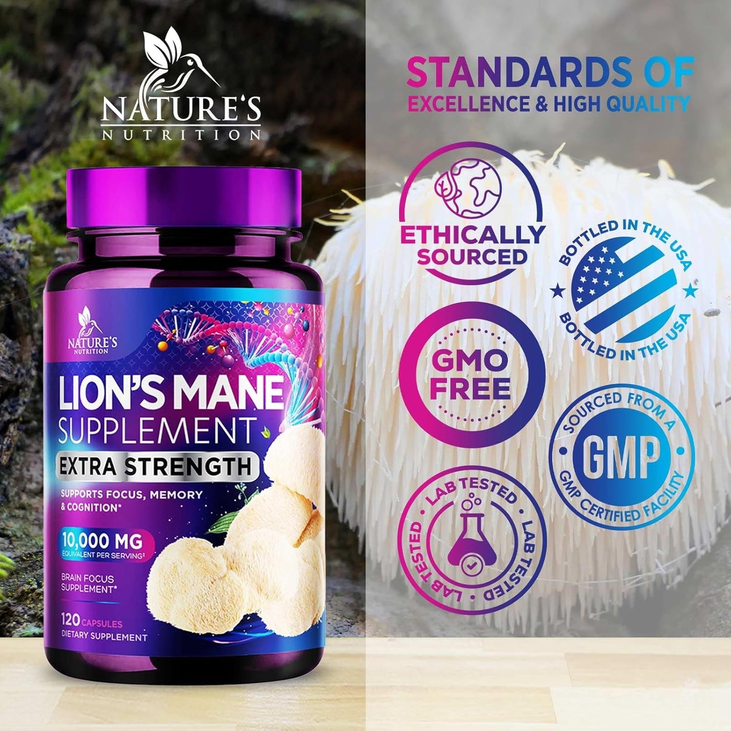 Lion's Mane Mushroom Supplement for Brain Support - Focus, Memory, Cognition & Immune Boost - Nootropic Extract - 120 Capsules