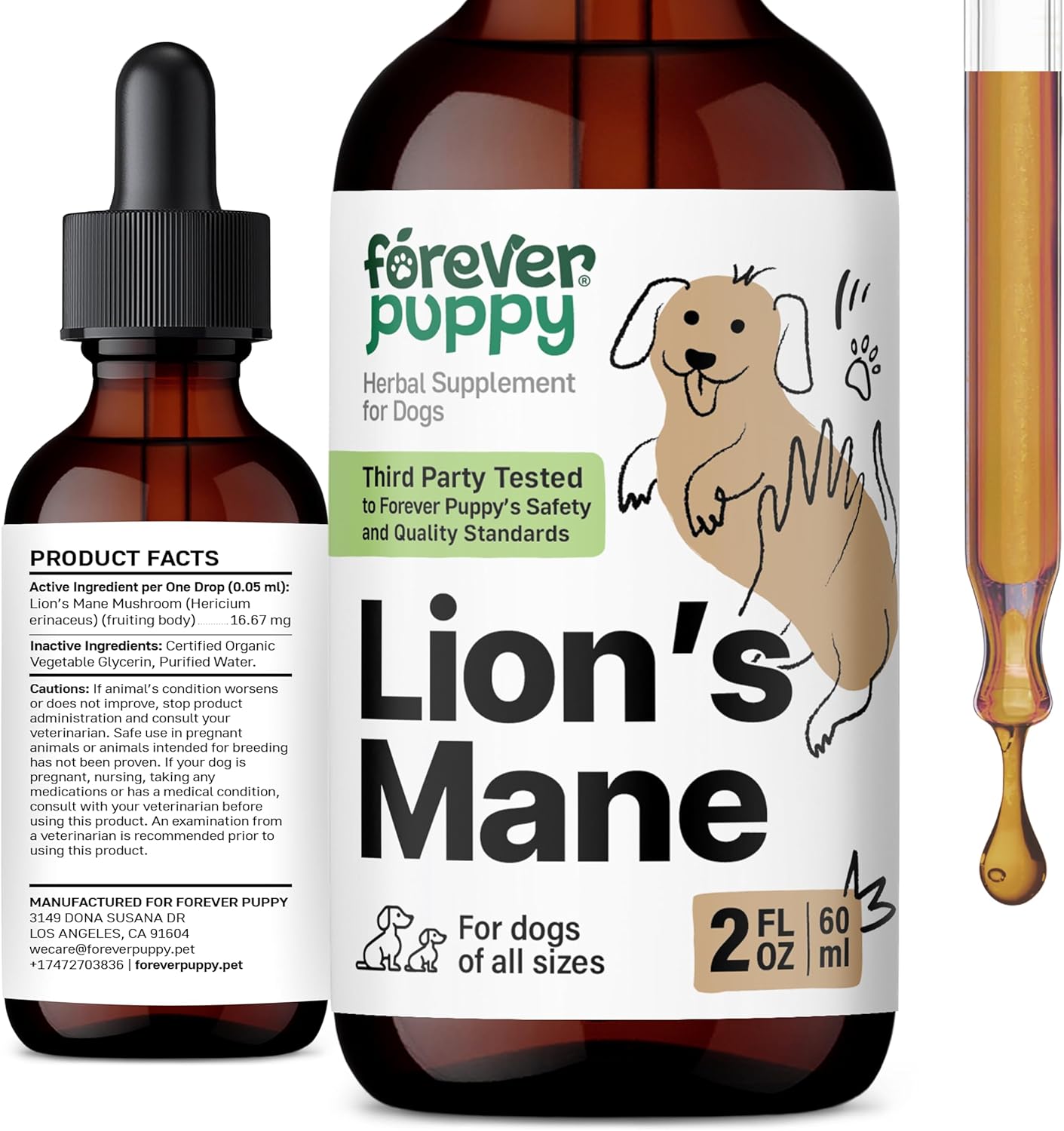 Lion's Mane Mushroom Supplement for Dogs - Brain Support Drops - Canine Vitamins - Alcohol-Free - 2 fl oz
