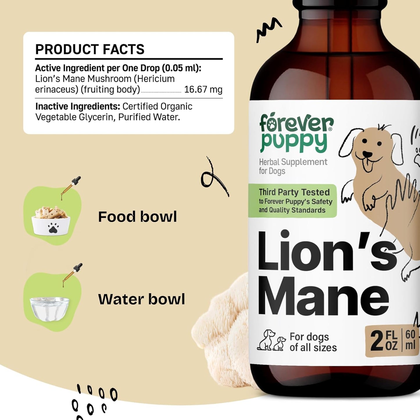 Lion's Mane Mushroom Supplement for Dogs - Brain Support Drops - Canine Vitamins - Alcohol-Free - 2 fl oz