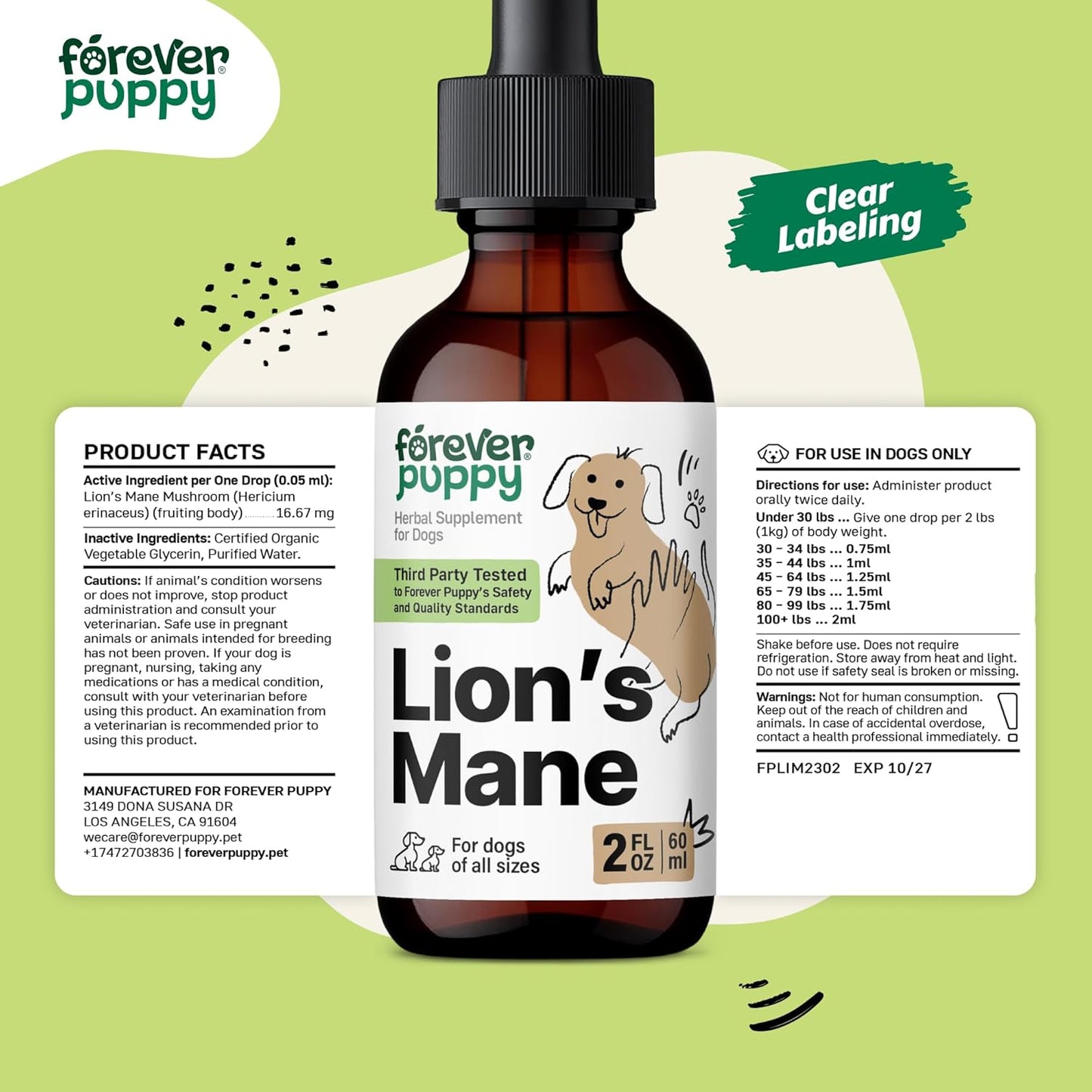 Lion's Mane Mushroom Supplement for Dogs - Brain Support Drops - Canine Vitamins - Alcohol-Free - 2 fl oz