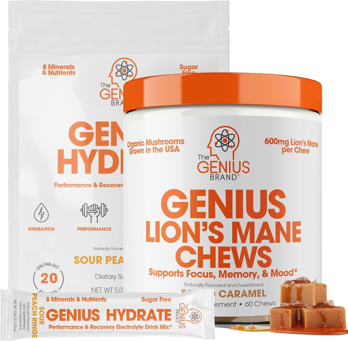 Lion's Mane Soft Chews & Hydrate Stick Pack Bundle for Hydration, Focus, and Cognitive Clarity