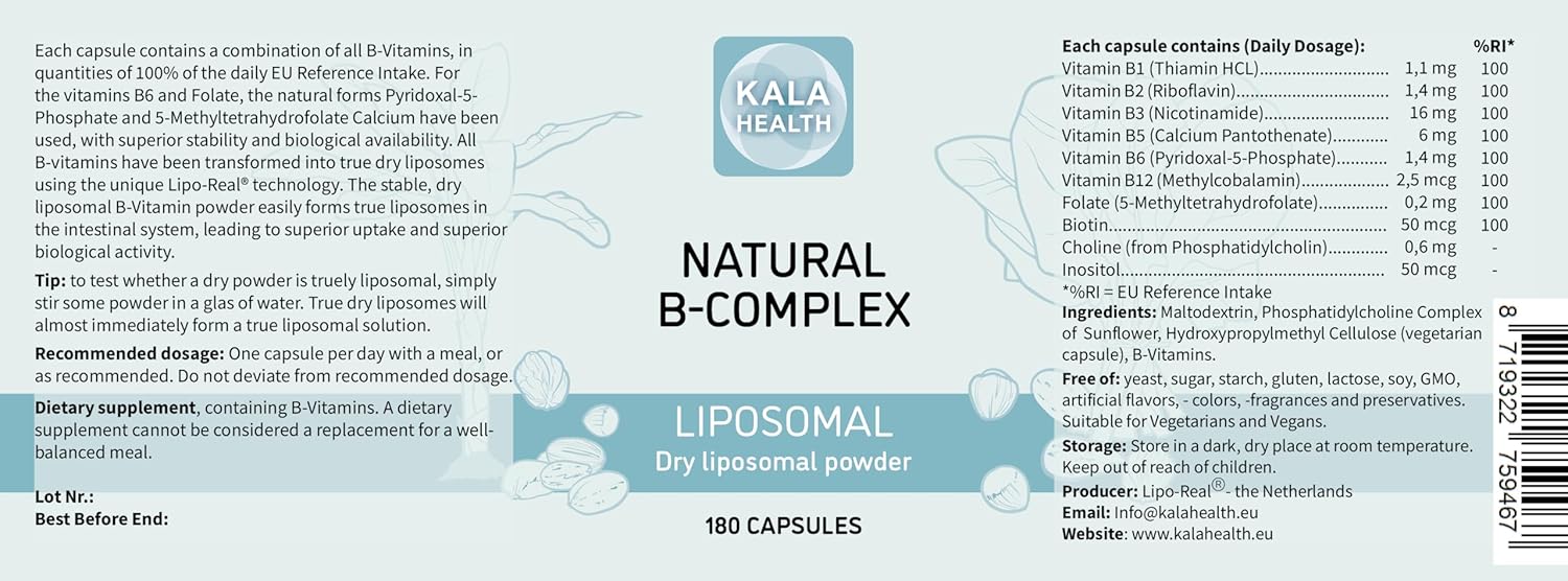 Liposomal B Complex Capsules with All 6 Essential B Vitamins - 180 Capsules by KALA HEALTH