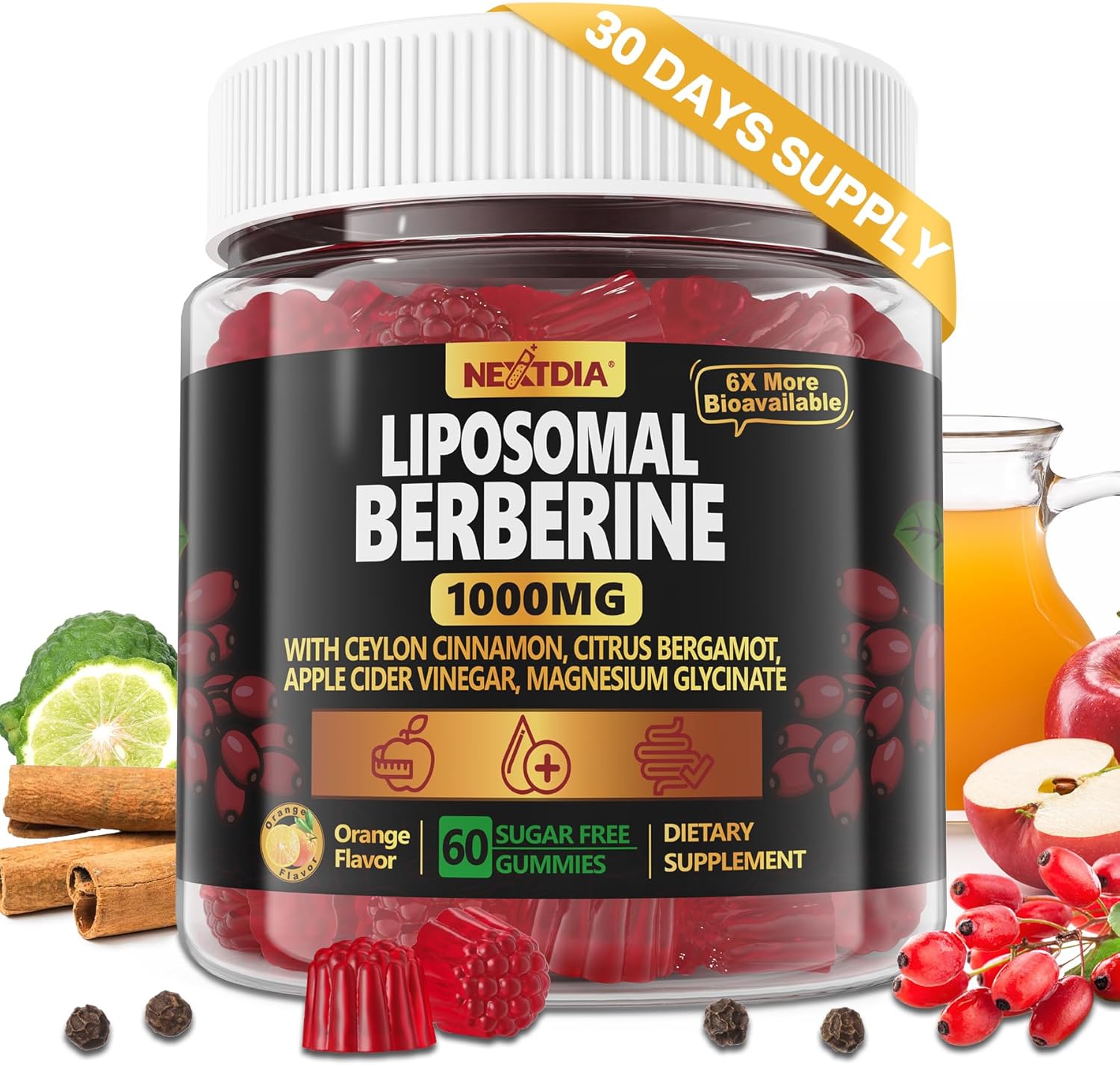 Liposomal Berberine Gummies with Chromium, Ceylon Cinnamon, Apple Cider Vinegar, Bergamot - AMPK & PPAR Activation, Metabolism Support - 1 Pack