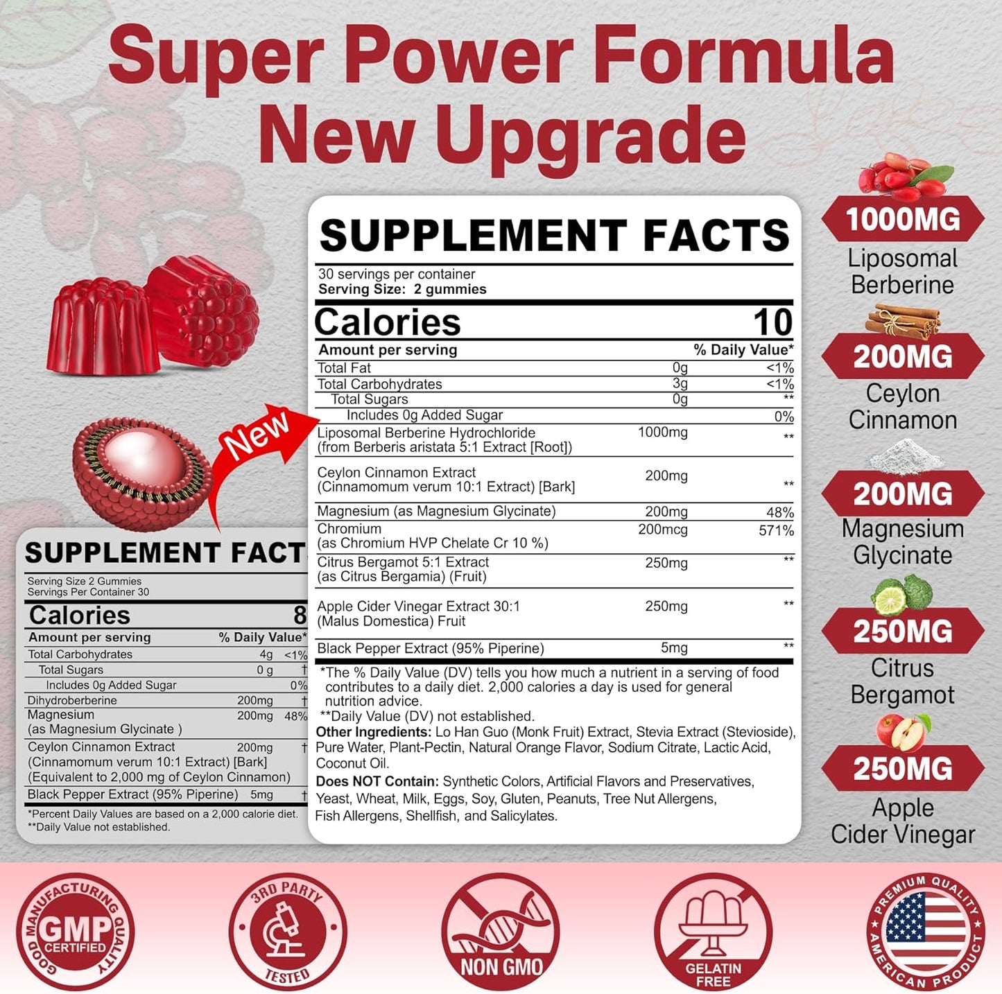 Liposomal Berberine Gummies with Chromium, Ceylon Cinnamon, Apple Cider Vinegar, Bergamot - AMPK & PPAR Activation, Metabolism Support - 1 Pack