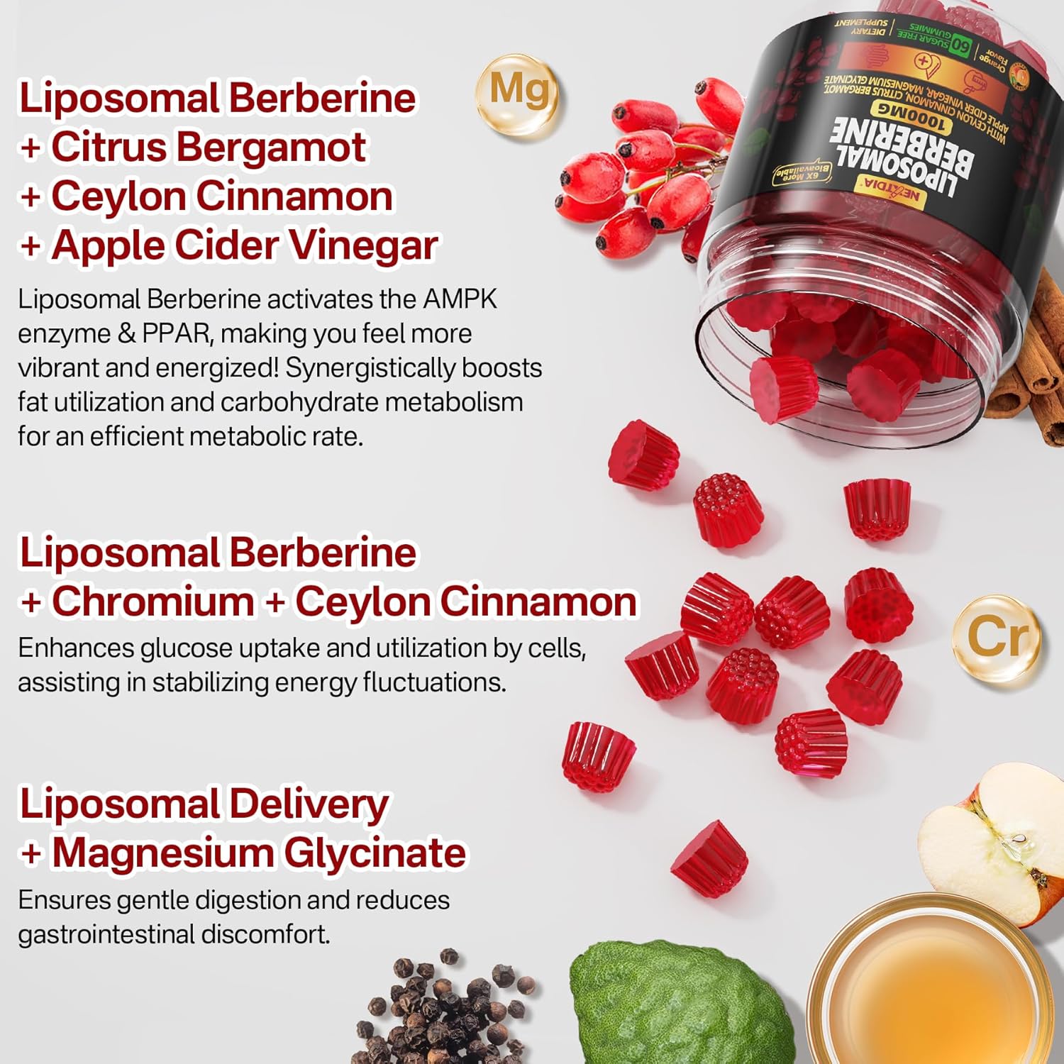 Liposomal Berberine Gummies with Chromium, Ceylon Cinnamon, Apple Cider Vinegar, Bergamot - AMPK & PPAR Activation, Metabolism Support - 1 Pack