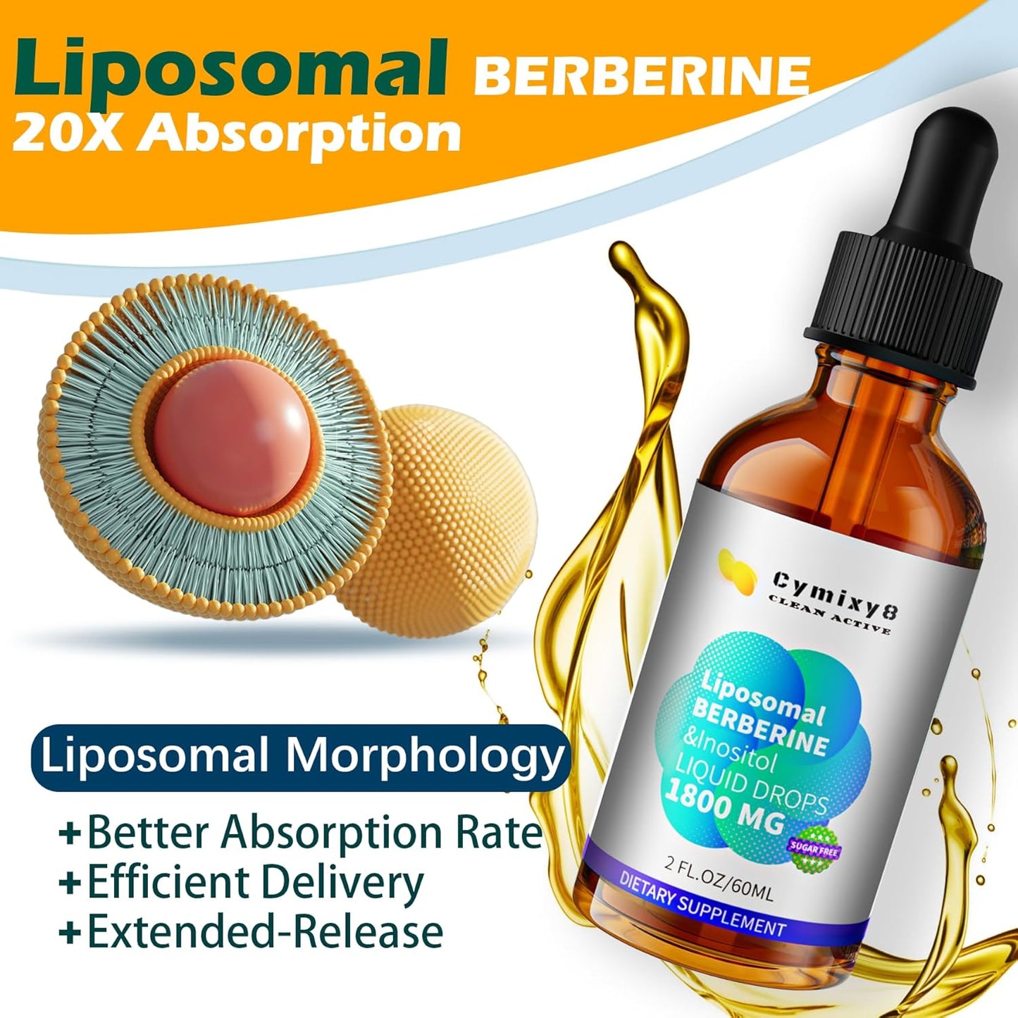 Liposomal Berberine Liquid Drops with Inositol - 2100mg High Bioavailability Supplement for Women and Men - AMPK Activator - Vegan - 2 FL Oz (2 Pack)