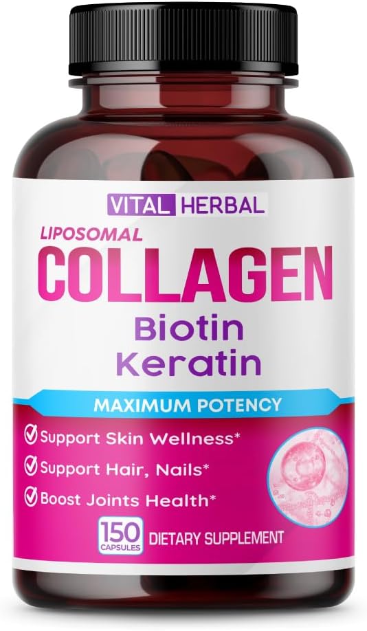 Liposomal Collagen with Biotin & Keratin - Supports Skin, Hair, Nails, Joints - Made in USA - High Potency Herbal Formula