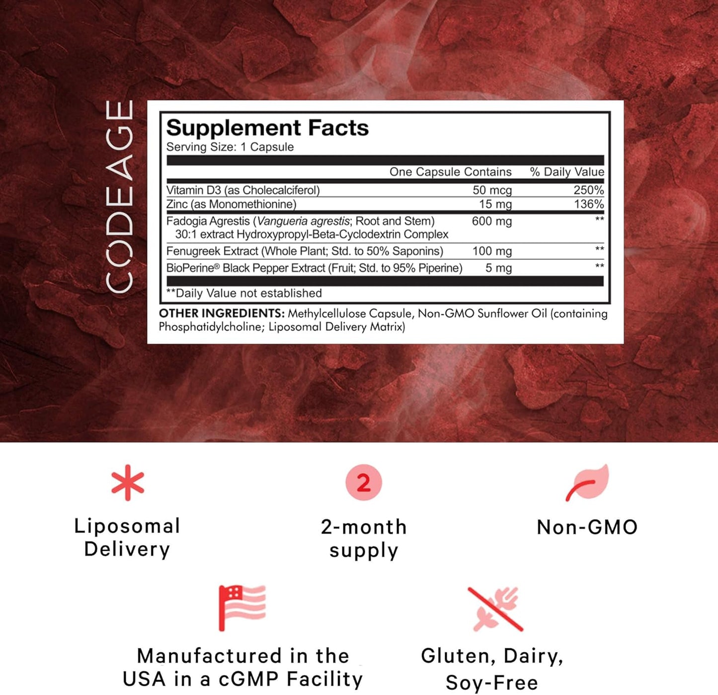 Liposomal Fadogia Agrestis 600mg Supplement with Vitamin D3, Zinc, Fenugreek, and BioPerine - 2-Month Supply - Non-GMO - 60 Capsules
