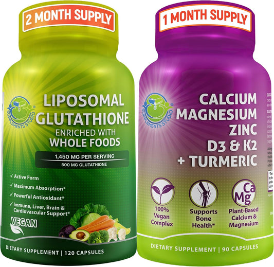 Liposomal Glutathione 500mg & Plant-Based Calcium Bundle for Antioxidant Support and Bone Health