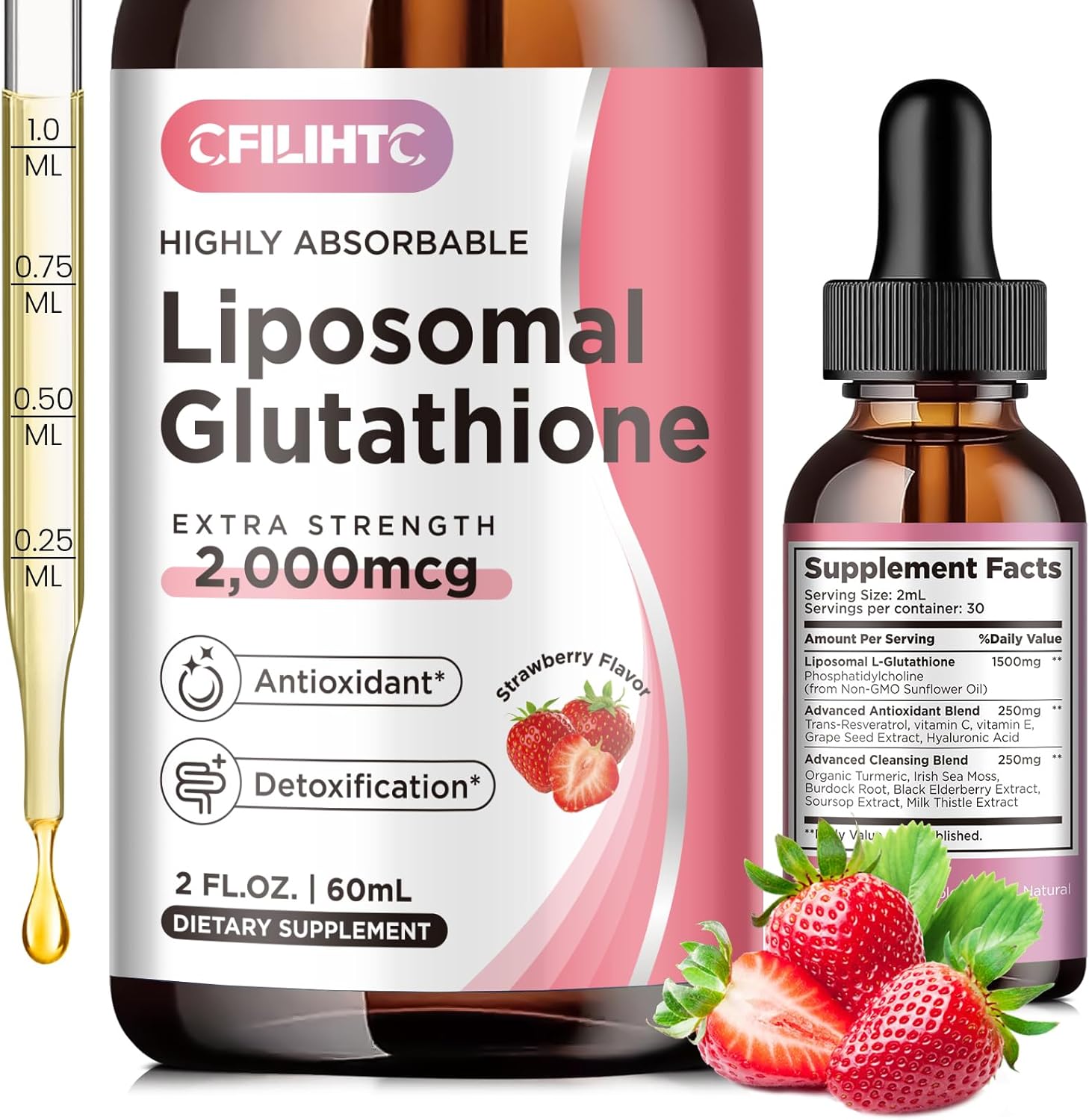 Liposomal Glutathione Liquid Drops with Vitamin C for Liver Detox & Anti-Aging - 2 FL.OZ Strawberry Flavor