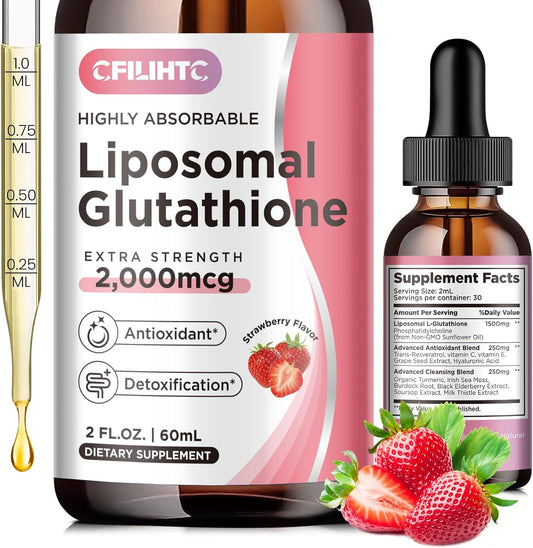Liposomal Glutathione Liquid Drops with Vitamin C for Liver Detox & Anti-Aging - 2 FL.OZ Strawberry Flavor