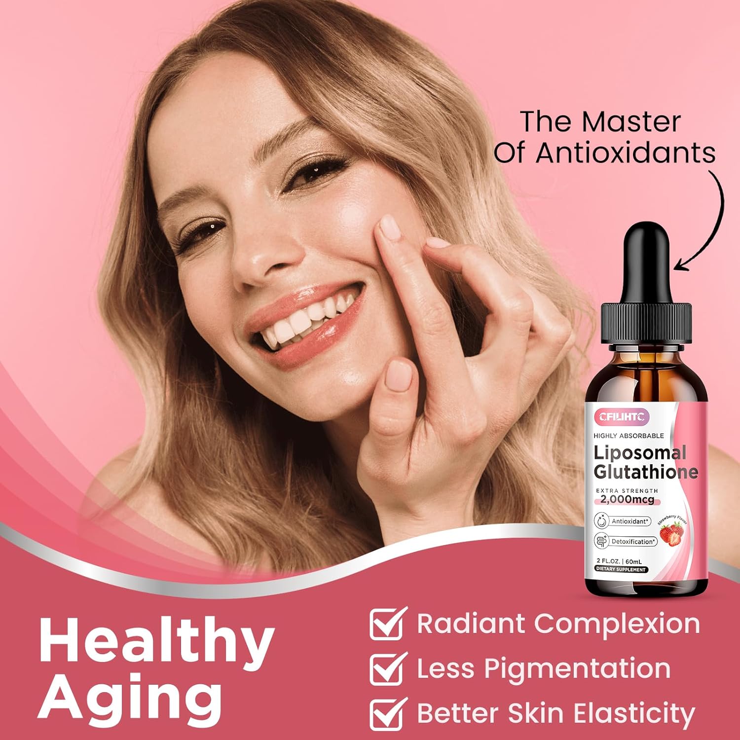 Liposomal Glutathione Liquid Drops with Vitamin C for Liver Detox & Anti-Aging - 2 FL.OZ Strawberry Flavor