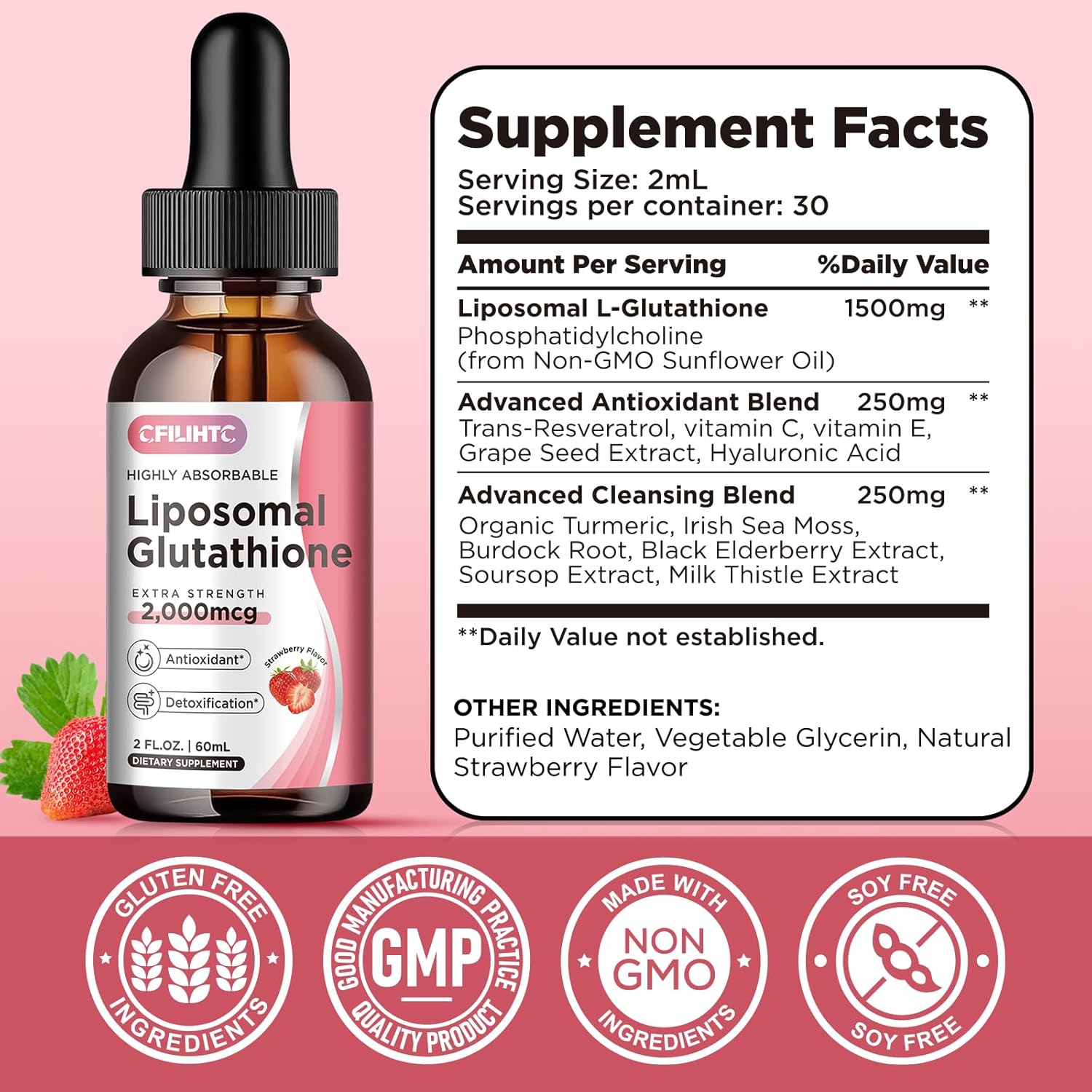 Liposomal Glutathione Liquid Drops with Vitamin C for Liver Detox & Anti-Aging - 2 FL.OZ Strawberry Flavor