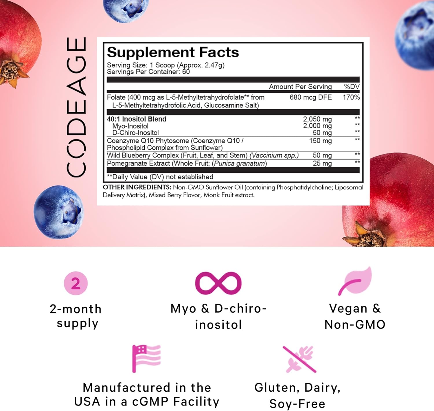 Liposomal Inositol Blend with Folate, CoQ10, Pomegranate & Blueberry - 2-Month Supply, Mixed Berry Flavor - Non-GMO, 60 Servings