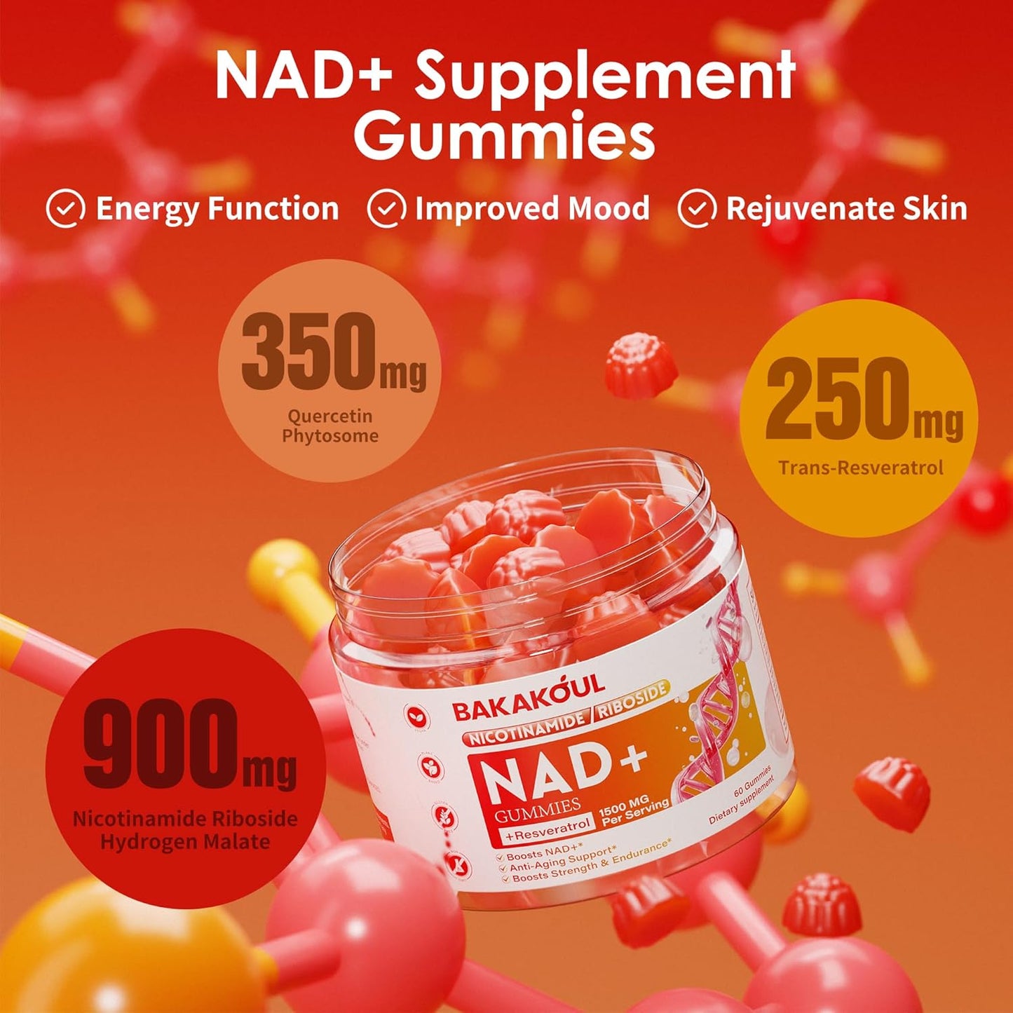 Liposomal NAD Gummies with Resveratrol & Quercetin - NAD+ Supplement for Men and Women, 60 Gummies