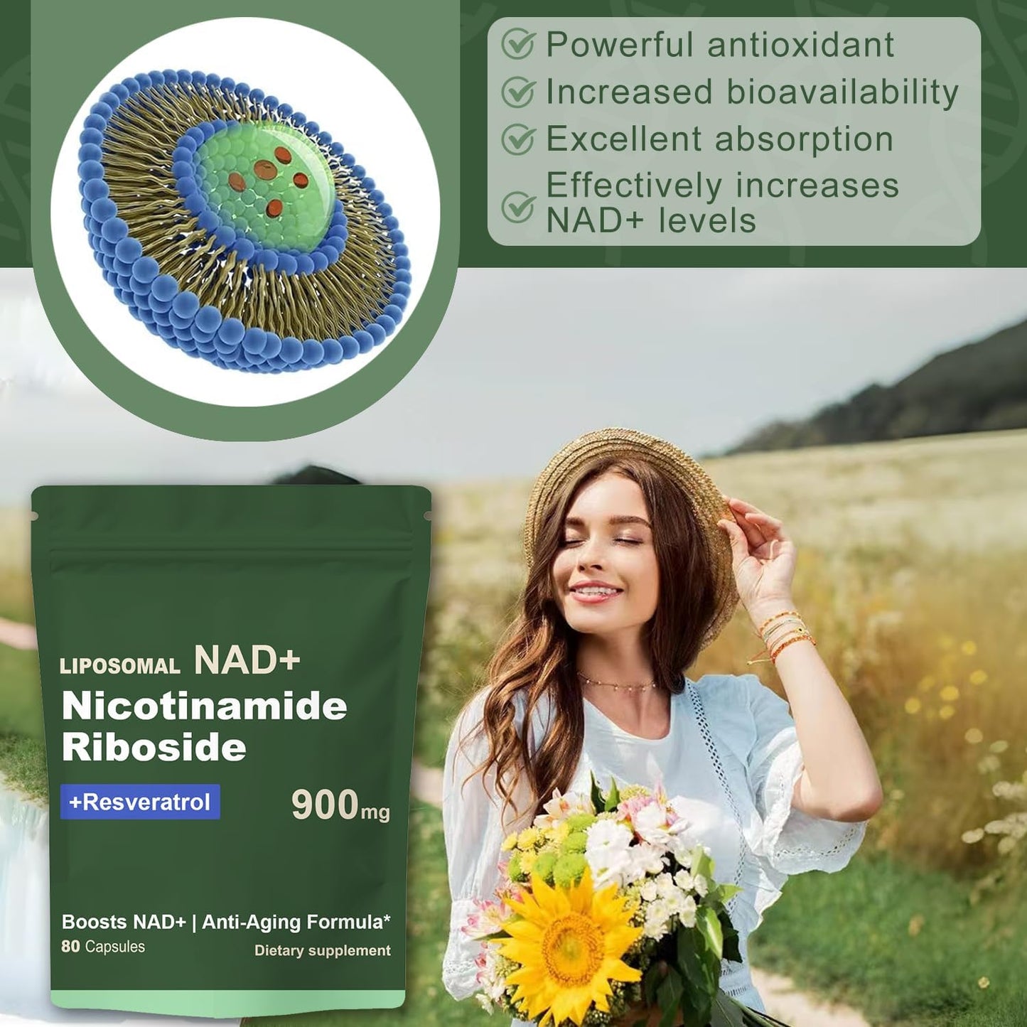 Liposomal NAD Supplement 900 MG with NR Resveratrol Capsules - Boost NAD+ for Cellular Health, Anti-Aging, Energy & Focus