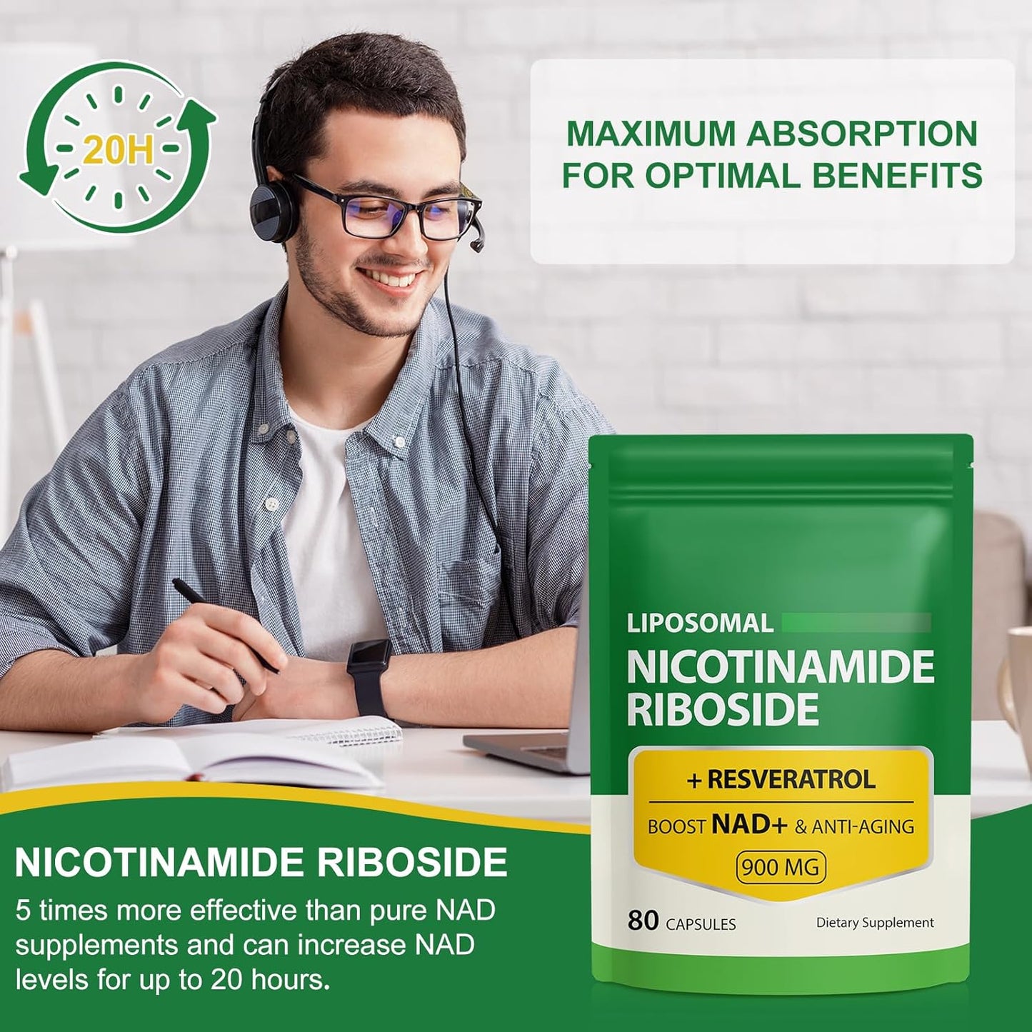 Liposomal NAD Supplement 900mg with Resveratrol - Supports Muscle, Brain, Cellular Energy - Alternative to NMN Supplement for Men and Women - 160 Capsules