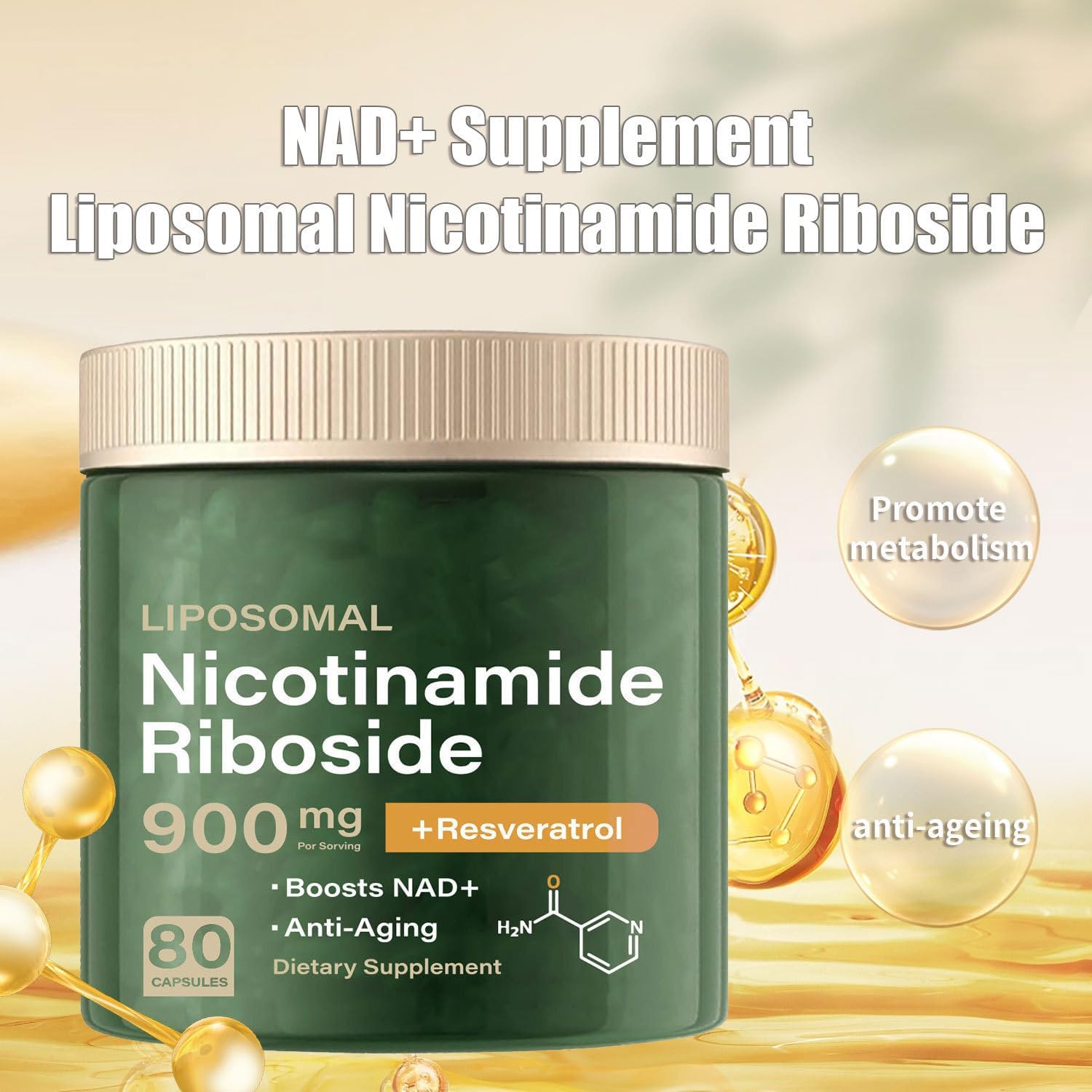 Liposomal NAD+ Supplement with Nicotinamide Riboside, Resveratrol, Quercetin - Anti-Aging Formula - 80 Capsules