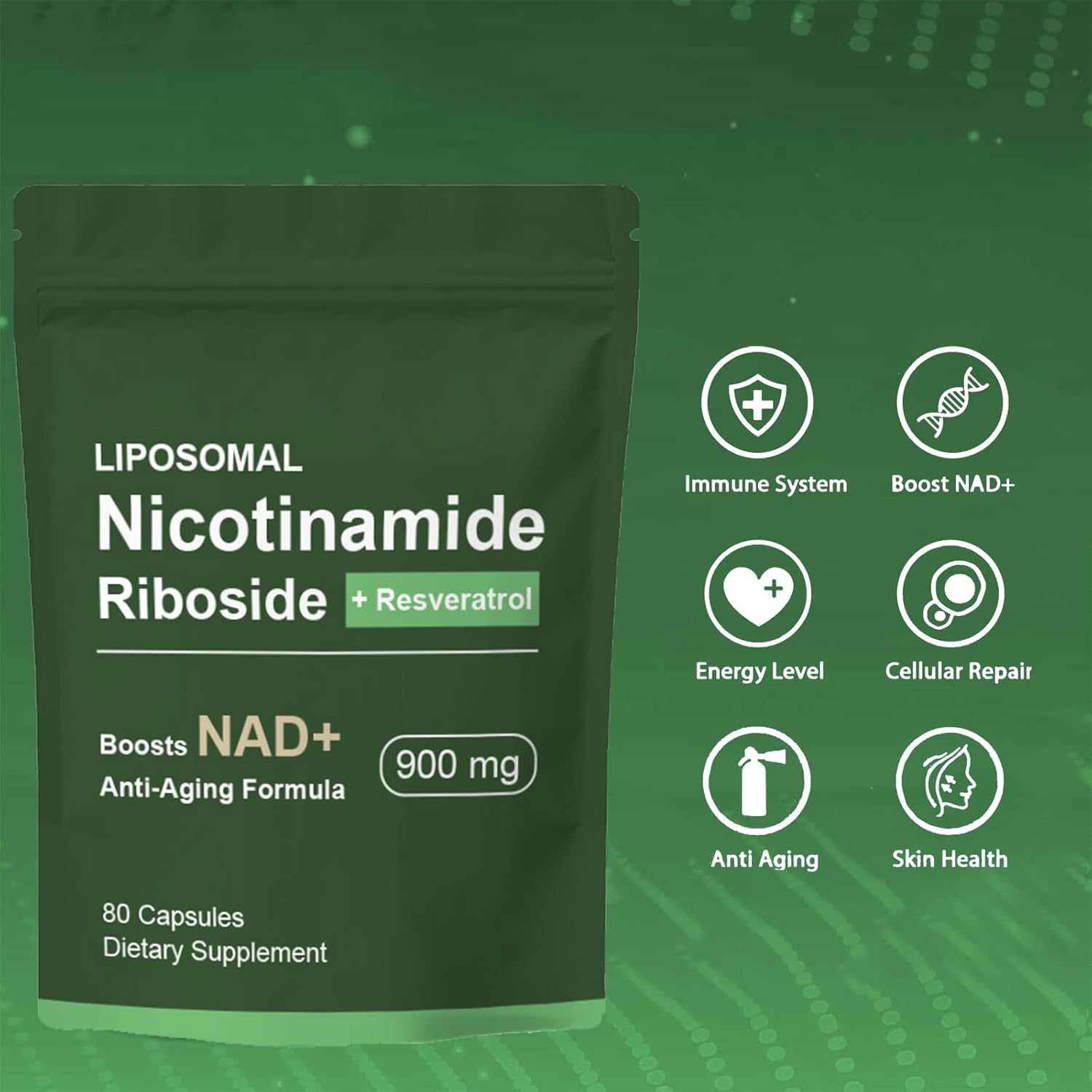 Liposomal NAD+ Supplement with Nicotinamide Riboside, Resveratrol, Quercetin - High Purity Anti-Aging Formula - 80 Capsules