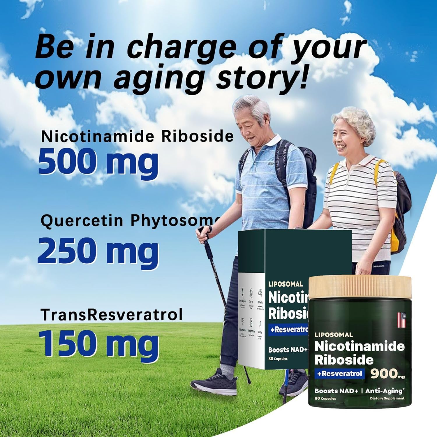 Liposomal NAD+ Supplement with Nicotinamide Riboside, Resveratrol, Quercetin - Anti-Aging Formula - 80 Capsules