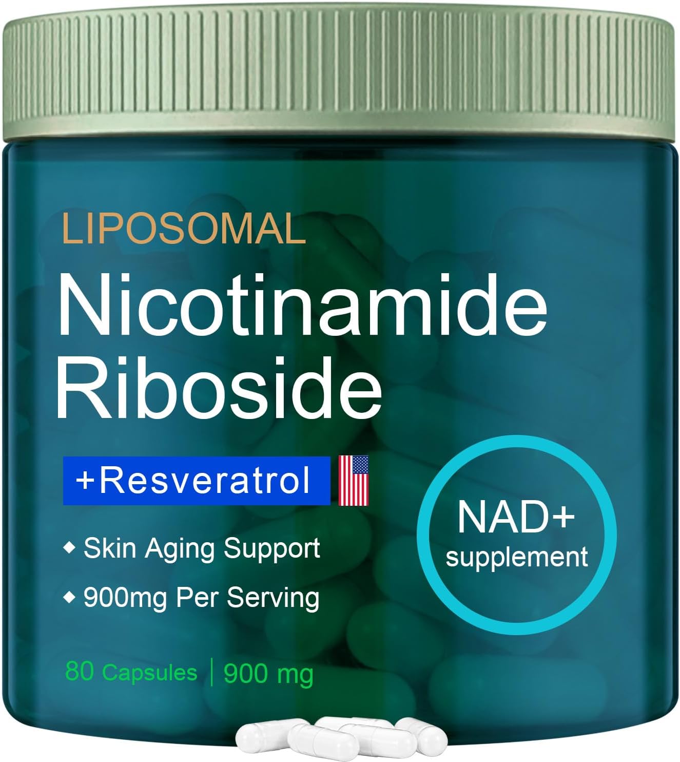 Liposomal Nicotinamide Riboside 900mg with Resveratrol & Quercetin for Vitality, Anti-Aging, Energy, Focus - 80 Capsules