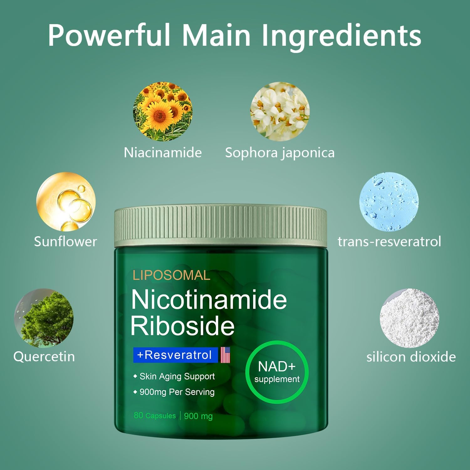 Liposomal Nicotinamide Riboside 900mg with Resveratrol & Quercetin for Vitality, Anti-Aging, Energy, Focus - 80 Capsules