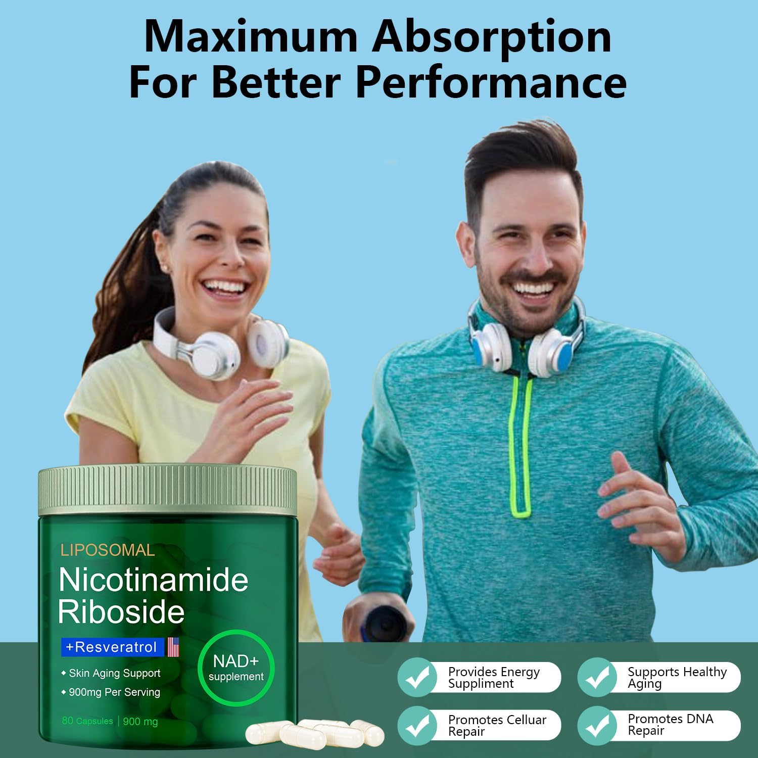 Liposomal Nicotinamide Riboside 900mg with Resveratrol & Quercetin for Vitality, Anti-Aging, Energy, Focus - 80 Capsules