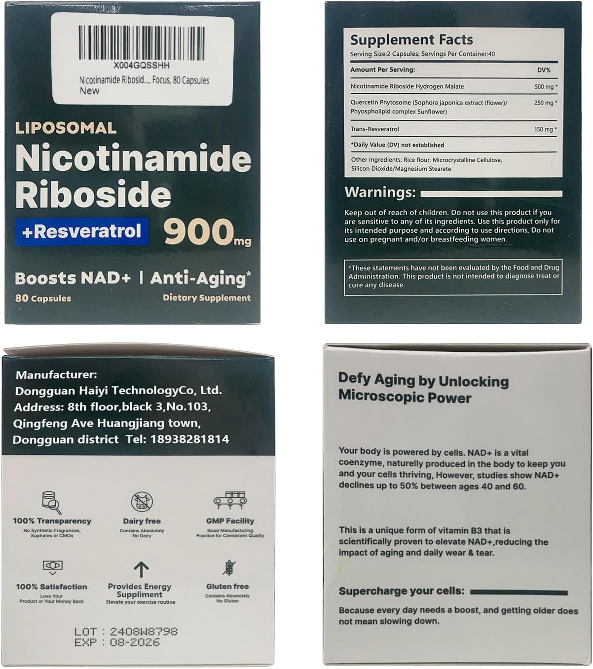 Liposomal Nicotinamide Riboside 900mg with Resveratrol & Quercetin for Vitality, Anti-Aging, Energy, Focus - 80 Capsules