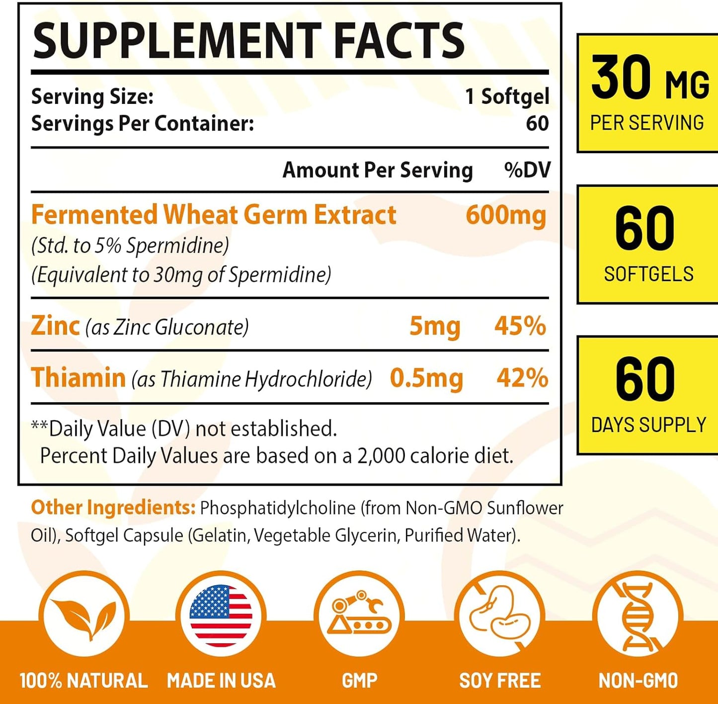 Liposomal Spermidine Supplement 30mg - High Absorption & Potency, Fermented Wheat Germ Extract Softgels for Cellular Renewal and Longevity - 60 Count