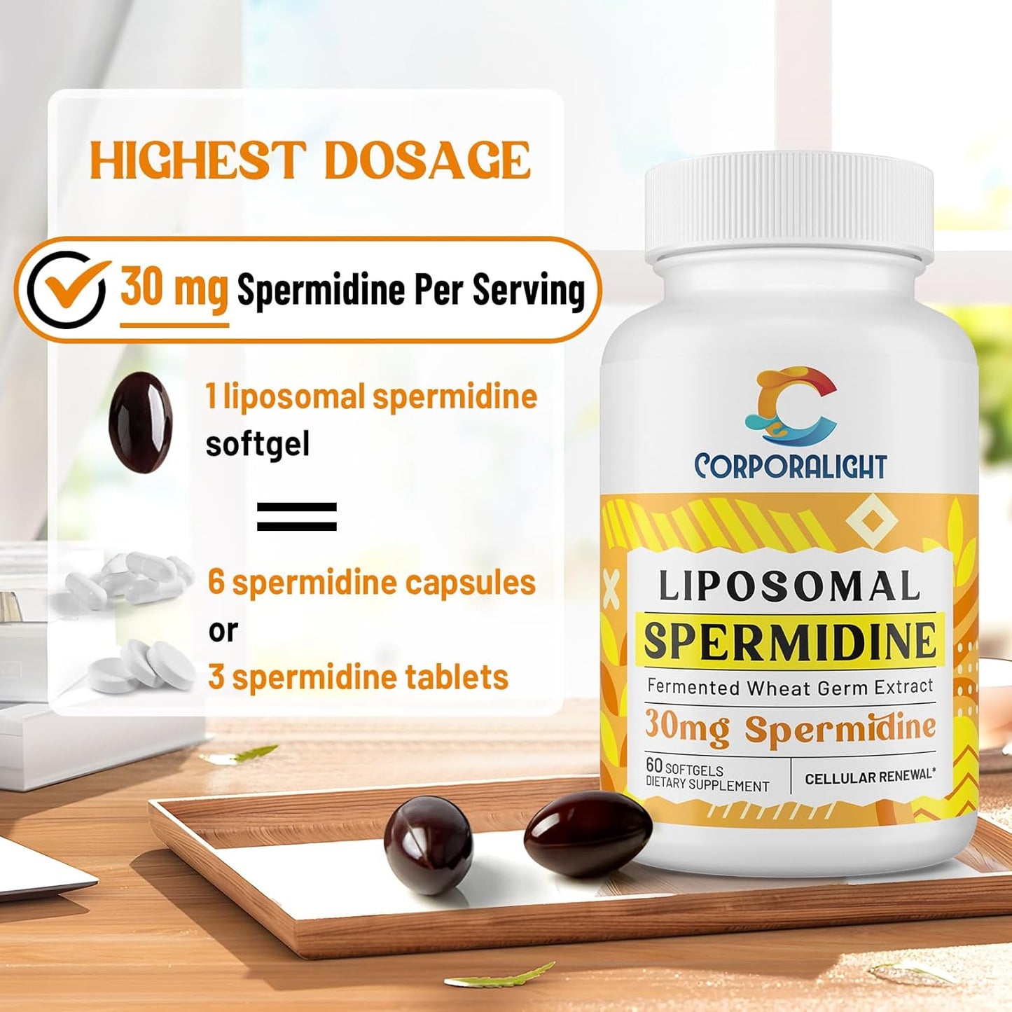Liposomal Spermidine Supplement 30mg - High Absorption & Potency, Fermented Wheat Germ Extract Softgels for Cellular Renewal and Longevity - 60 Count